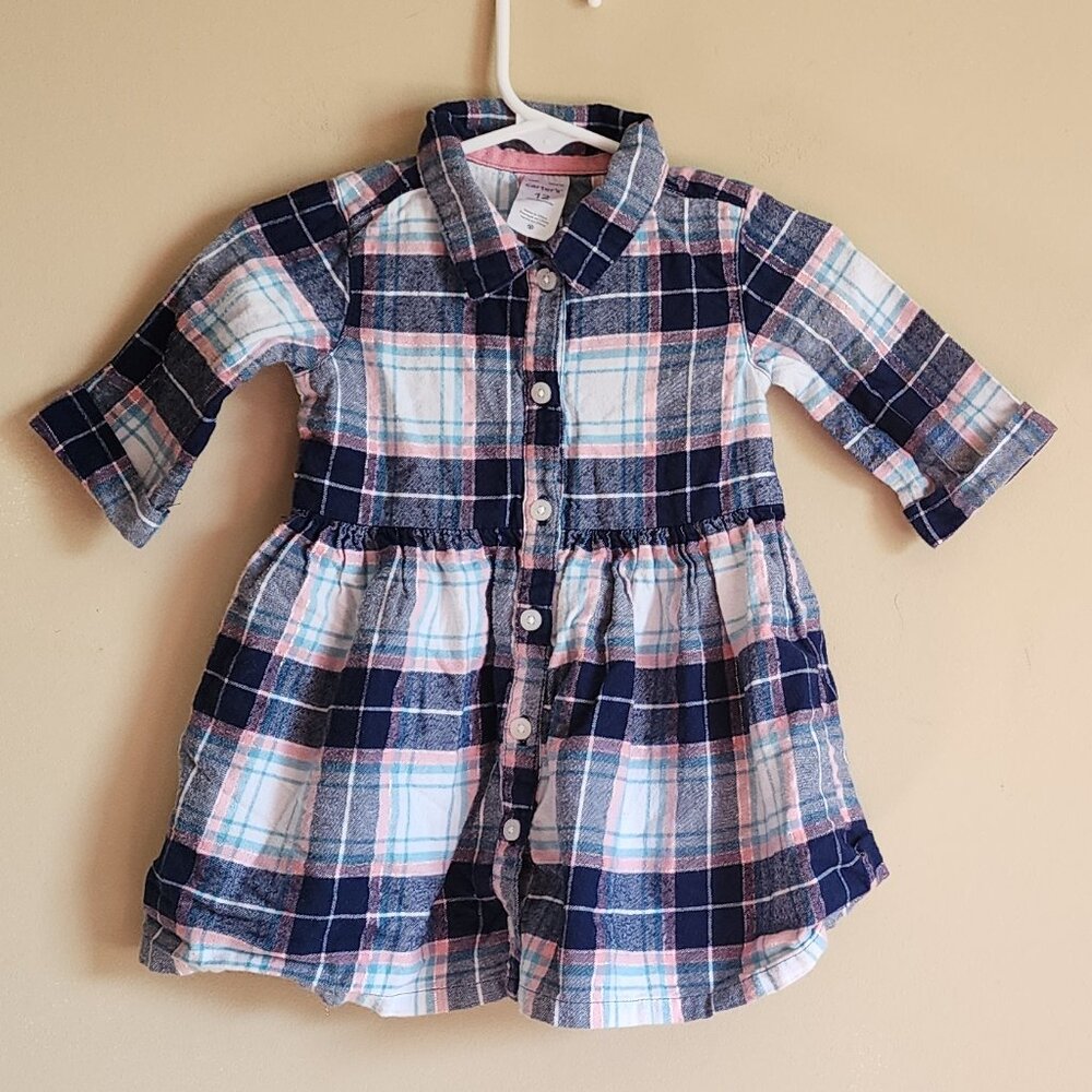 Carter’s Plaid Flannel Dress Blue Pink Size 12 Months
